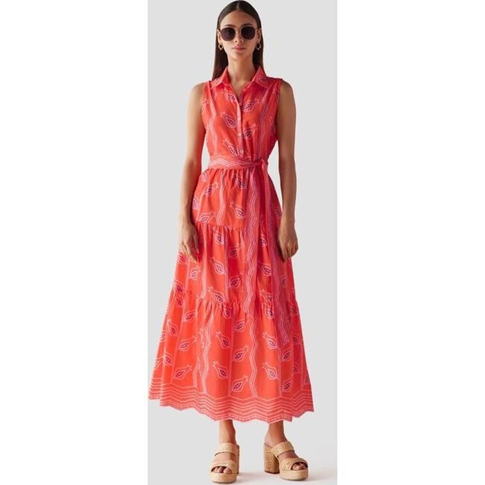 Omika Emeline Maxi Dress Womens Small Orange Vani Papaya Belted Shirt Tiered - Picture 12 of 14